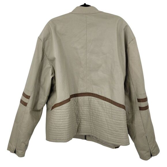 Vtg 90s Frequency Tan Genuine Leather Motorcycle Jacket Sz XXL Quilted Stripe - Picture 2 of 12
